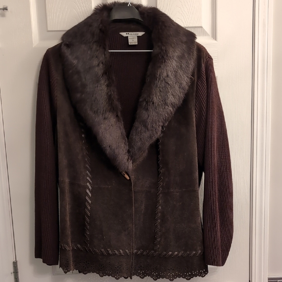 Max Studio Dark Brown Teddy Jacket with Faux Fur - Picture 1 of 5